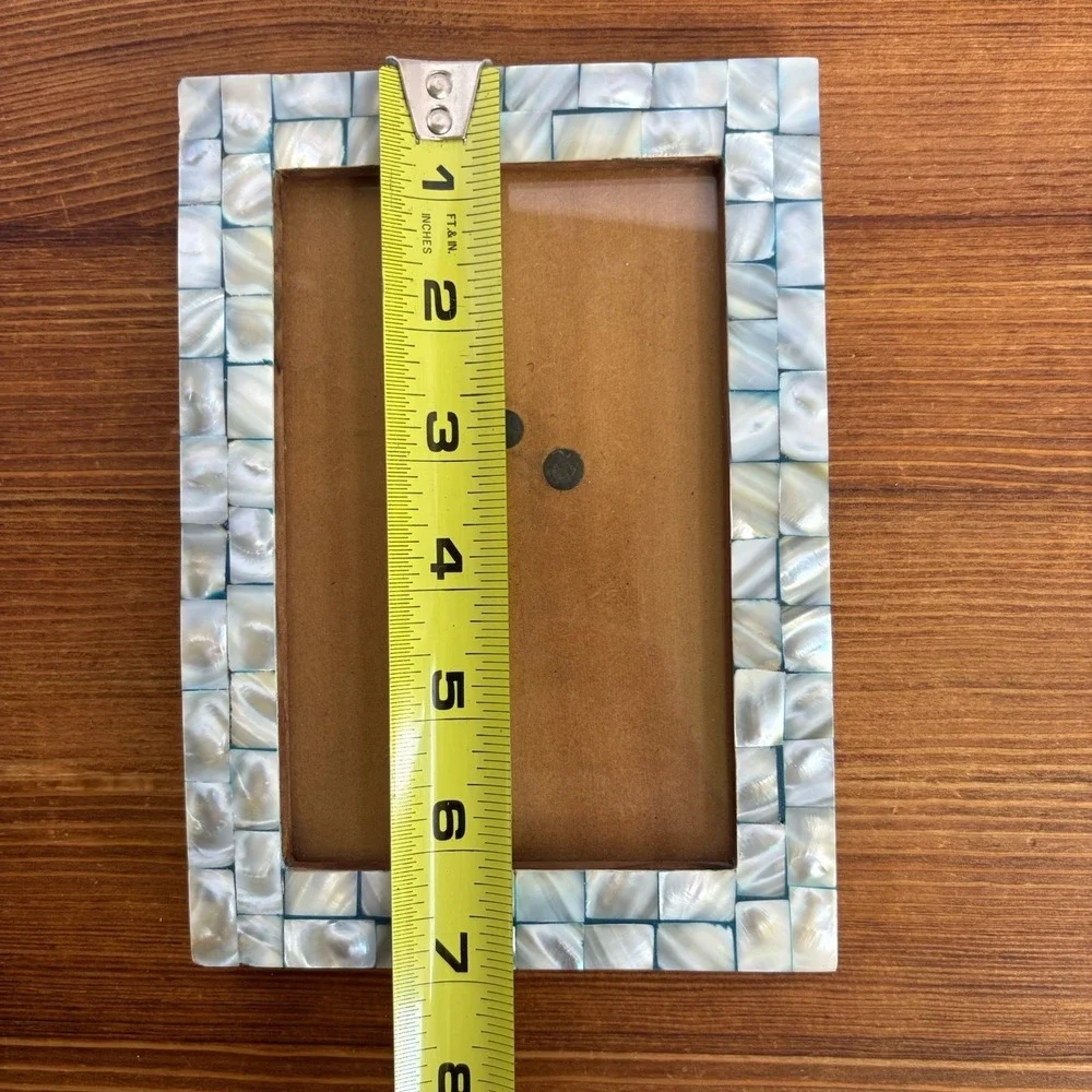 Iridescent Mosaic Shell Picture Frame Blue Trim Coastal Beach House Decor